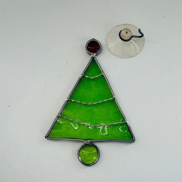 Vintage Stained Glass SunCatcher Window Green Metal Christmas Tree 5” - Picture 1 of 4